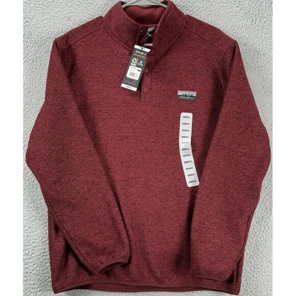 Eddie Bauer Sweater Mens Small Maroon Knit Fleece‎ Snap Pullover Classic Fit NEW - Picture 5 of 13